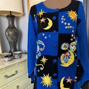 Vintage Quacker Factory Celestial Embroidered Blue & Black Cardigan